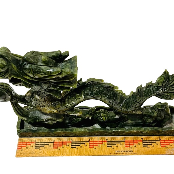 Carved Stone Fierce Dragon Statue Holding Orb Sphere Ball Green Maybe Old Jade - Picture 8 of 11